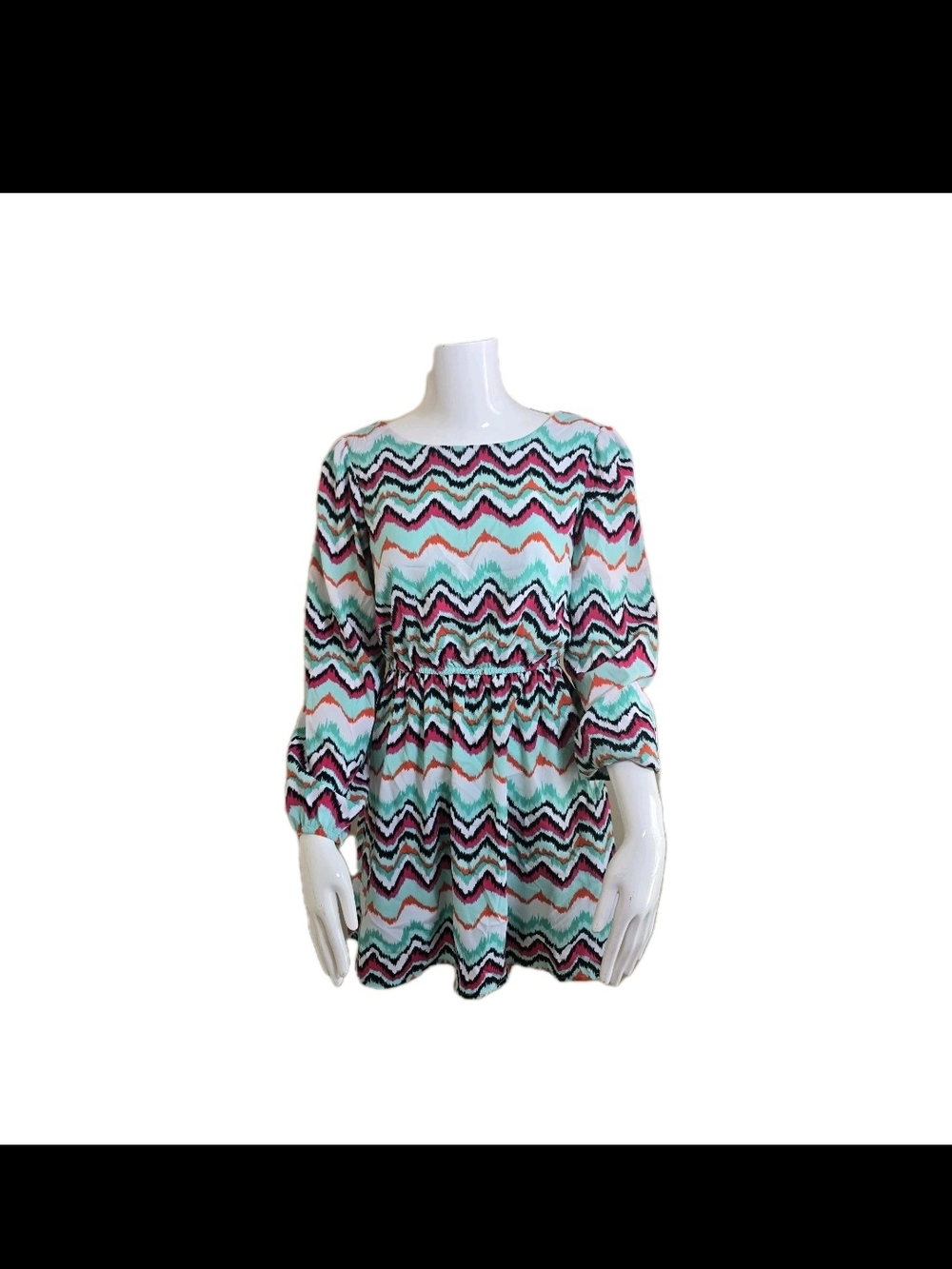Takara long-sleeve bohemian mini dress vibrant multicolor zigzag Chevron Sz S